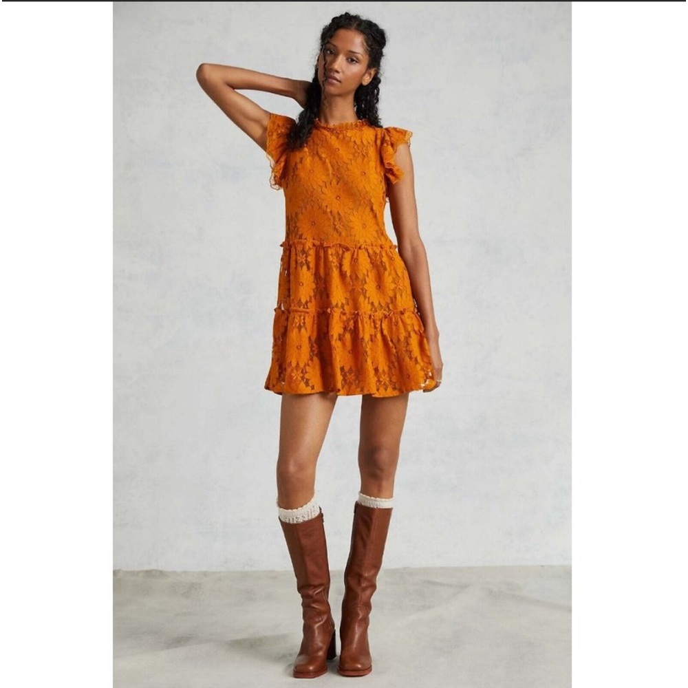 Anthropologie Tiered Lace Tunic Dress M $160 Gold